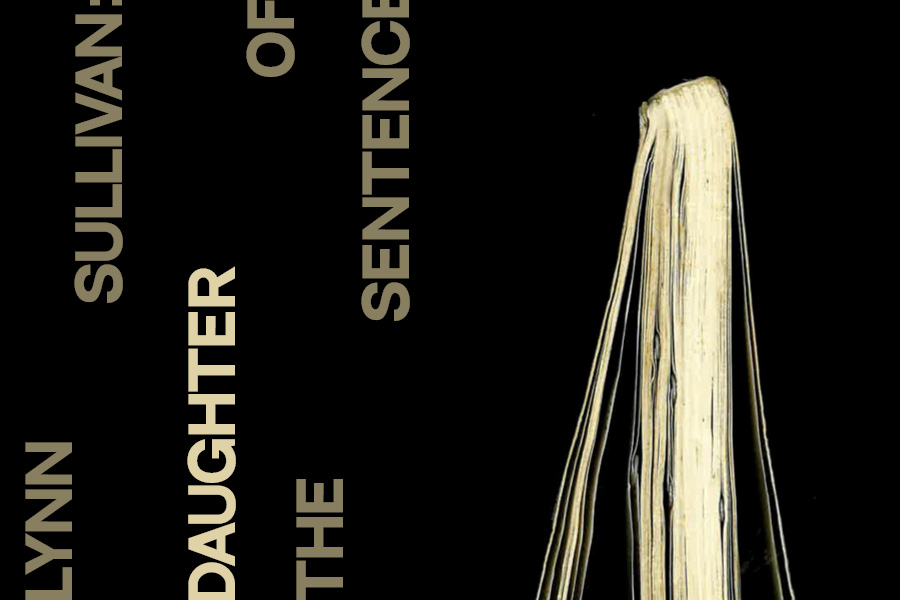 On the black background, the title of the exhibition set vertically beside a view of the top or bottom of a book, pages slightly splayed toward the bottom.