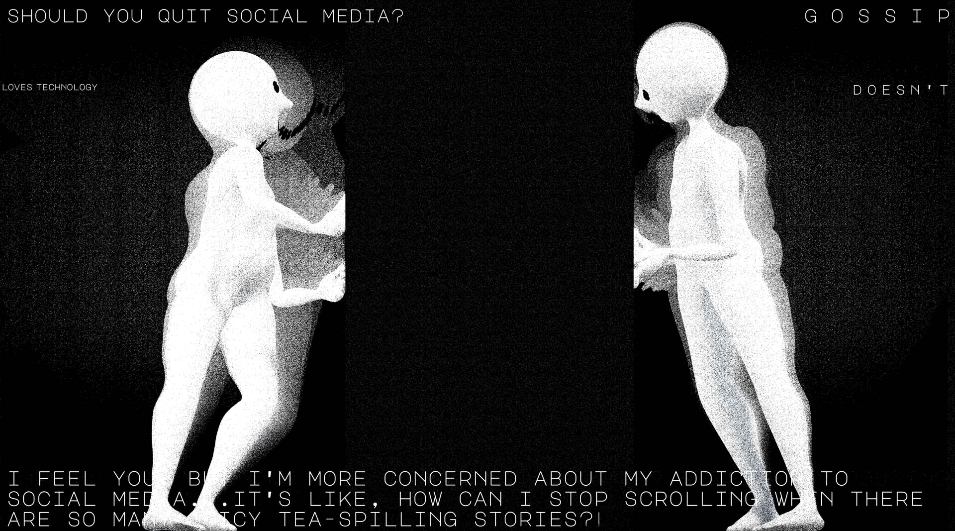 FOREVER MEETINGS still showing two AI avatars seated in a stylized virtual meeting environment with a black-and-white screen.