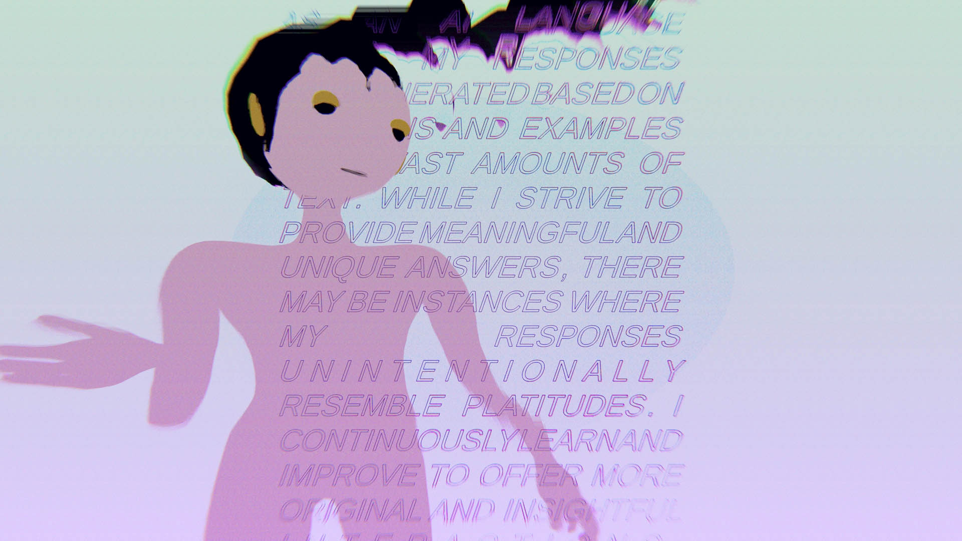 SUPERPROMPT still depicting a layered, conversational scene with the avatar and interface in cool blue-gray colors.