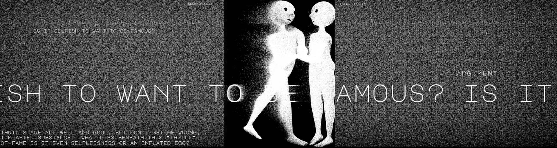 FOREVER MEETINGS still depicting an AI dialogue with glowing interface elements and a dark monochrome palette.